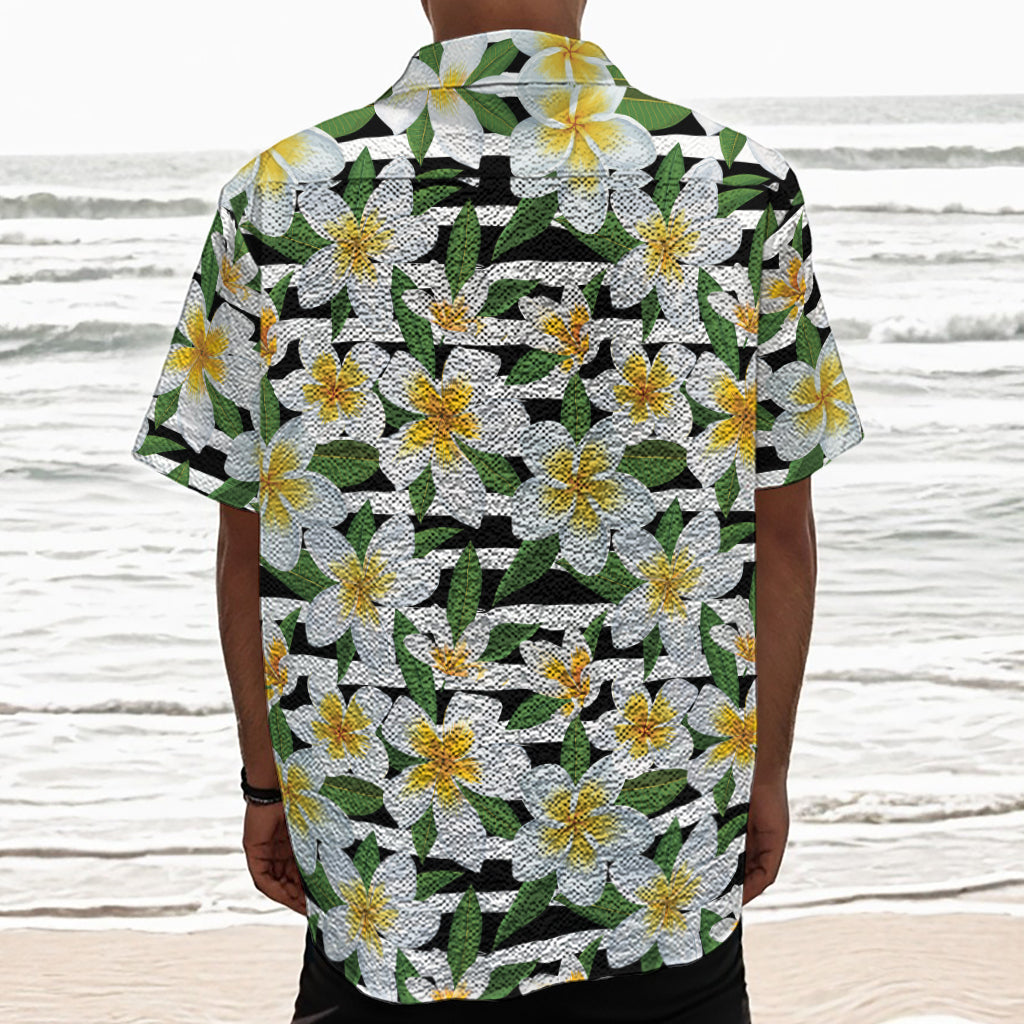 Plumeria Flower Striped Pattern Print Textured Short Sleeve Shirt