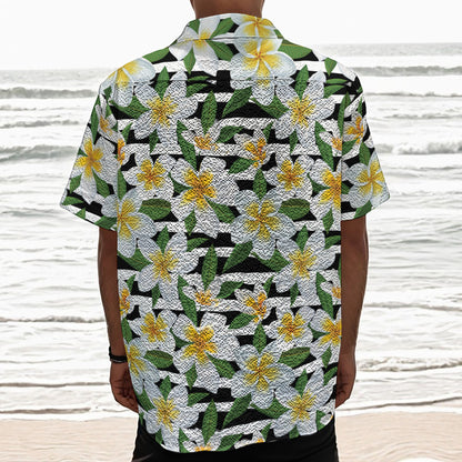 Plumeria Flower Striped Pattern Print Textured Short Sleeve Shirt