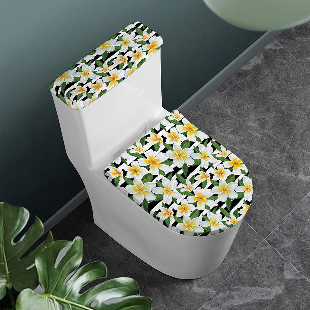 Plumeria Flower Striped Pattern Print Toilet Lid And Tank Cover Set