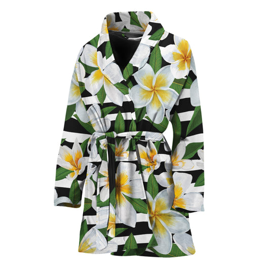 Plumeria Flower Striped Pattern Print Women's Bathrobe