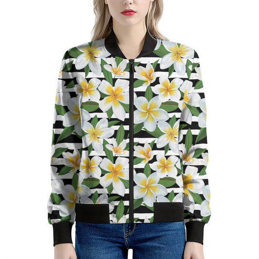 Plumeria Flower Striped Pattern Print Women's Bomber Jacket