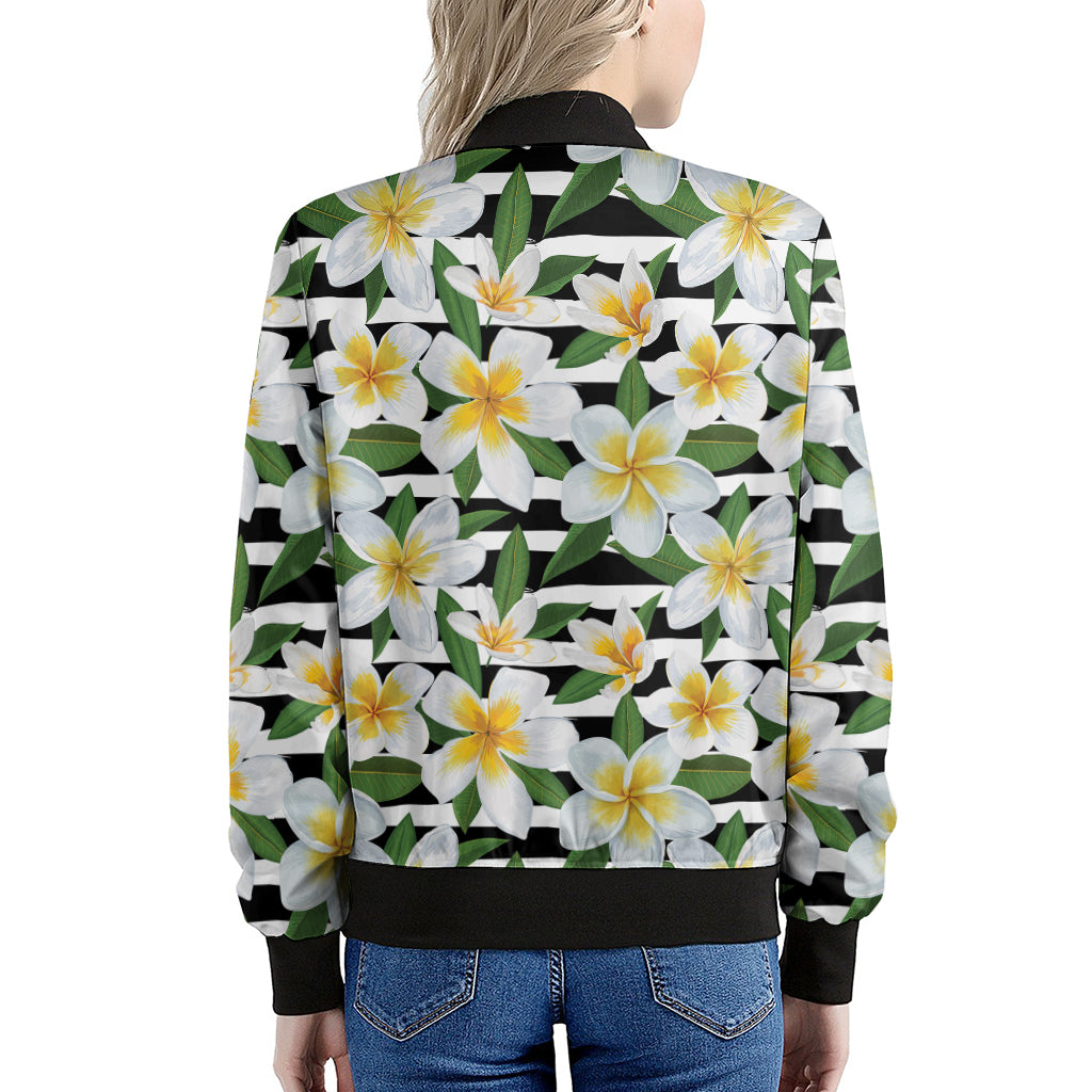 Plumeria Flower Striped Pattern Print Women's Bomber Jacket