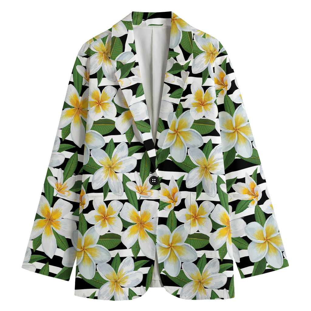 Plumeria Flower Striped Pattern Print Women's Cotton Blazer