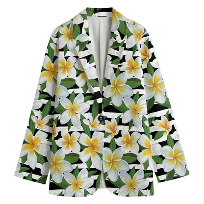Plumeria Flower Striped Pattern Print Women's Cotton Blazer