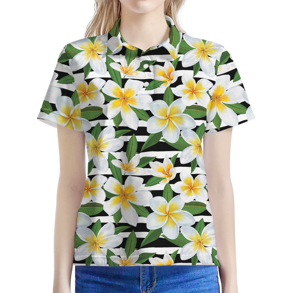 Plumeria Flower Striped Pattern Print Women's Polo Shirt