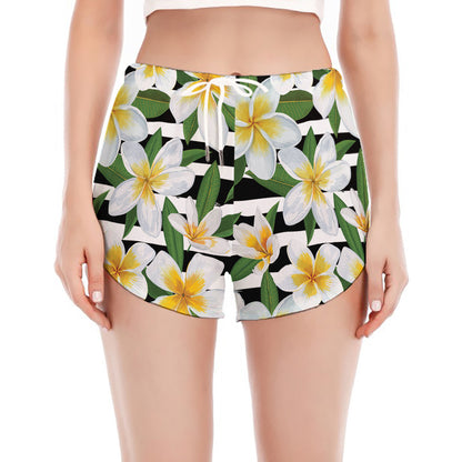 Plumeria Flower Striped Pattern Print Women's Split Running Shorts
