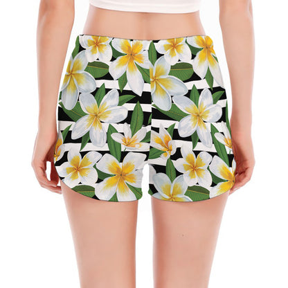 Plumeria Flower Striped Pattern Print Women's Split Running Shorts