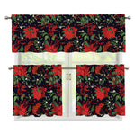 Poinsettia Flower Pattern Print 3 Piece Kitchen Curtains