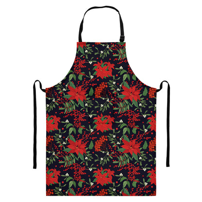 Poinsettia Flower Pattern Print Bib Apron With Pocket