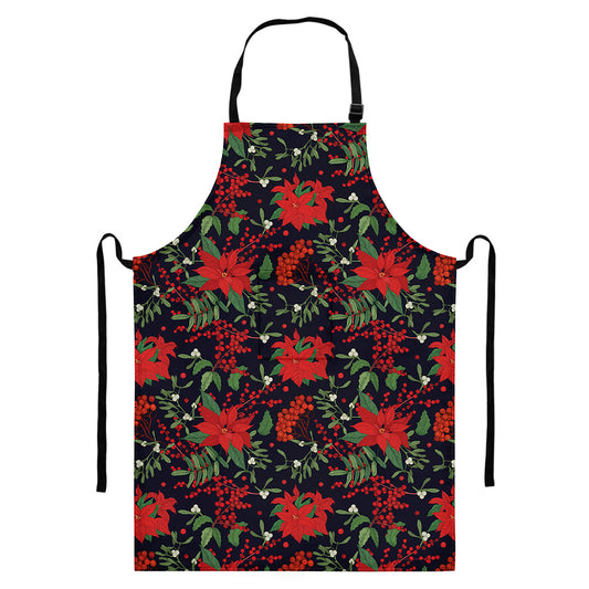 Poinsettia Flower Pattern Print Bib Apron With Pocket