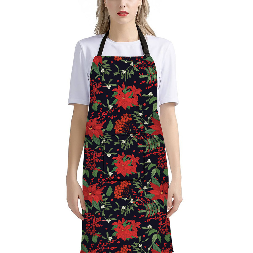 Poinsettia Flower Pattern Print Bib Apron With Pocket