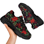 Poinsettia Flower Pattern Print Black Chunky Shoes