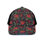 Poinsettia Flower Pattern Print Black Mesh Trucker Cap