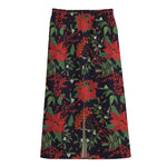 Poinsettia Flower Pattern Print Cotton Front Slit Maxi Skirt
