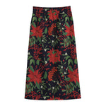 Poinsettia Flower Pattern Print Cotton Front Slit Maxi Skirt