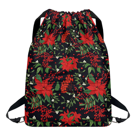 Poinsettia Flower Pattern Print Drawstring Backpack