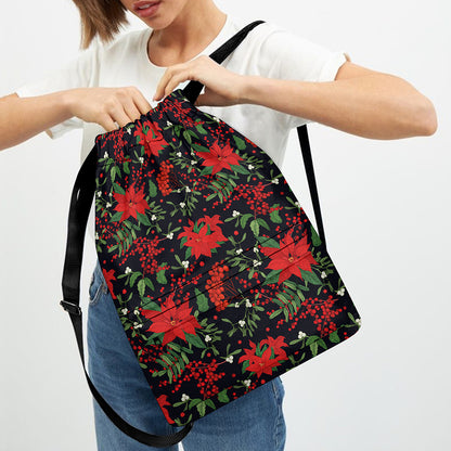 Poinsettia Flower Pattern Print Drawstring Backpack