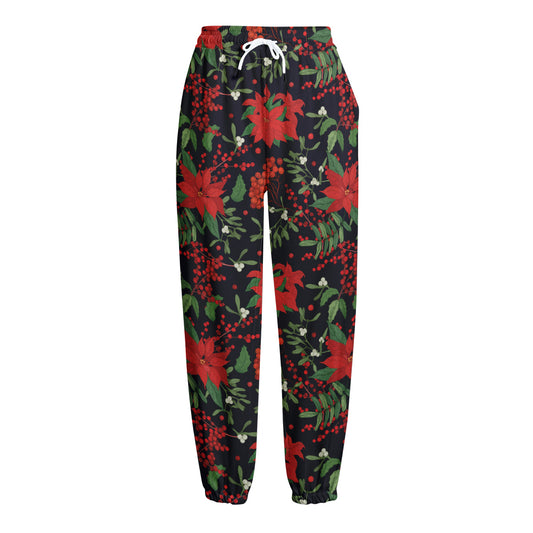 Poinsettia Flower Pattern Print Fleece Lined Knit Pants
