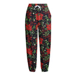 Poinsettia Flower Pattern Print Fleece Lined Knit Pants