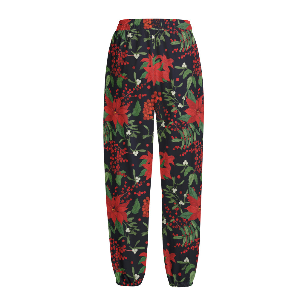 Poinsettia Flower Pattern Print Fleece Lined Knit Pants