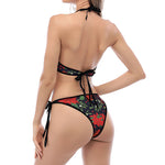 Poinsettia Flower Pattern Print Halter Scoop Tie Side Bikini