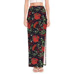 Poinsettia Flower Pattern Print High Slit Maxi Skirt
