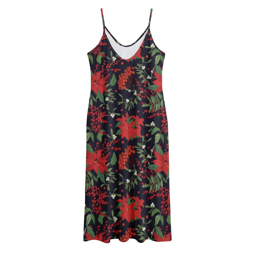 Poinsettia Flower Pattern Print Jersey Midi Cami Dress