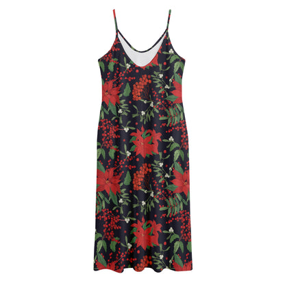 Poinsettia Flower Pattern Print Jersey Midi Cami Dress