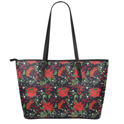 Poinsettia Flower Pattern Print Leather Tote Bag