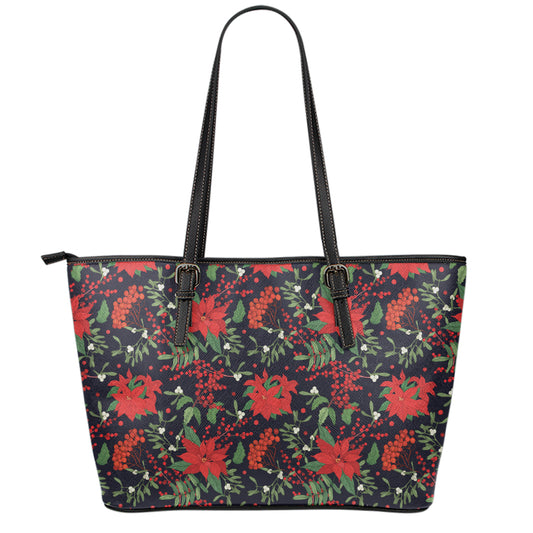 Poinsettia Flower Pattern Print Leather Tote Bag