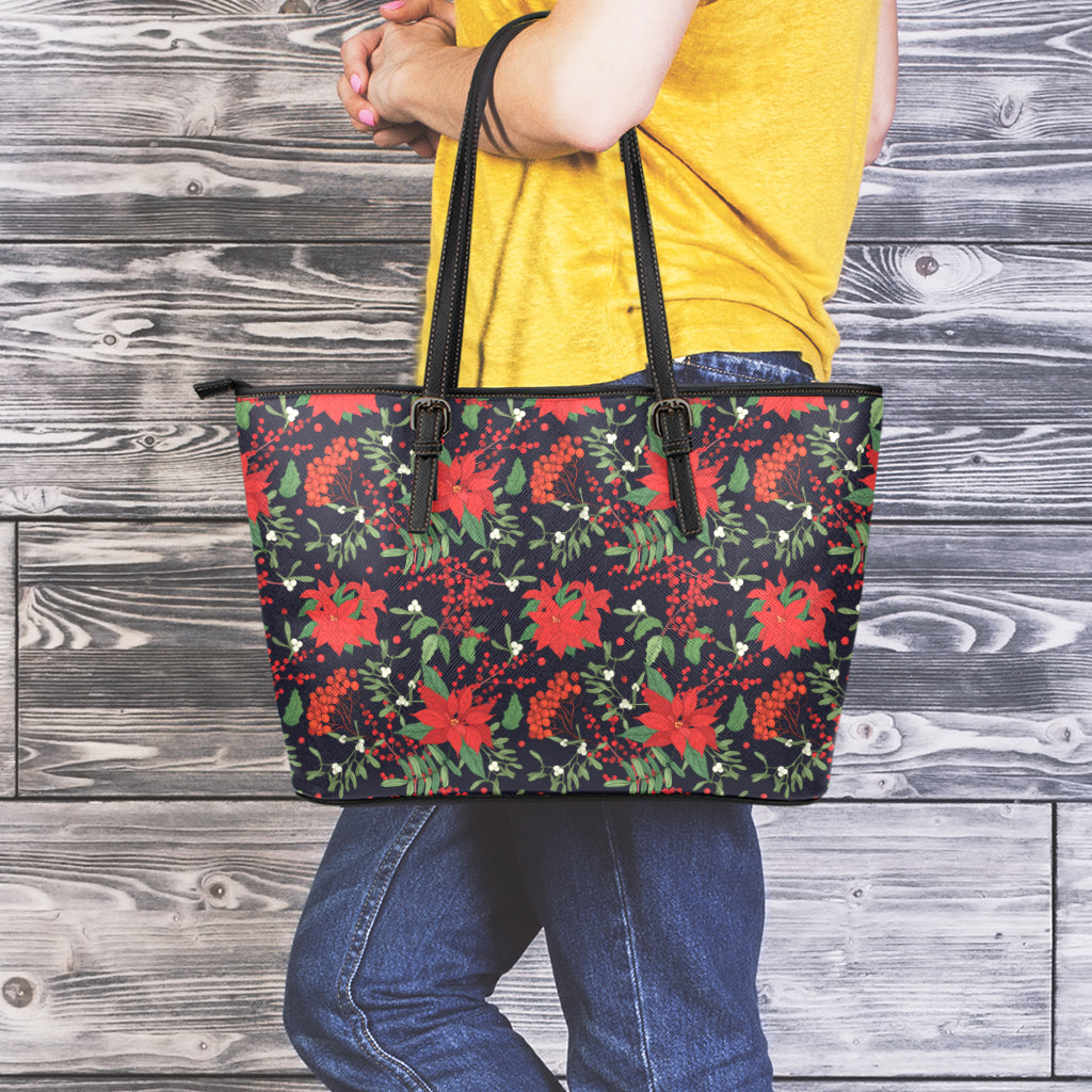 Poinsettia Flower Pattern Print Leather Tote Bag