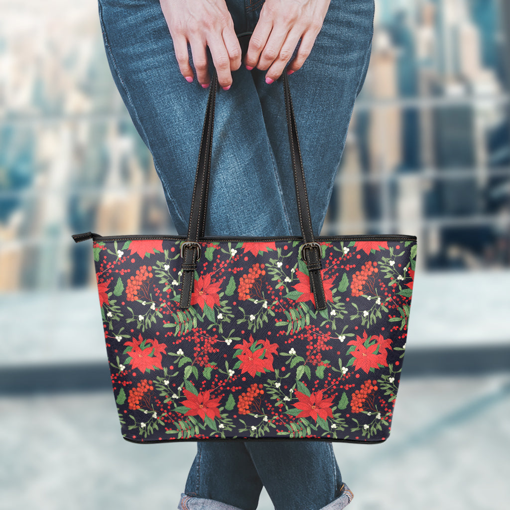 Poinsettia Flower Pattern Print Leather Tote Bag