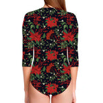 Poinsettia Flower Pattern Print Long Sleeve Swimsuit