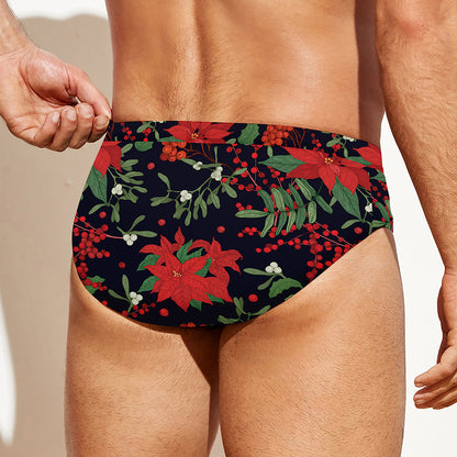 Poinsettia Flower Pattern Print Men's Swim Briefs