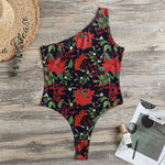 Poinsettia Flower Pattern Print One Shoulder Bodysuit