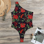 Poinsettia Flower Pattern Print One Shoulder Bodysuit