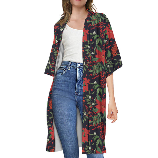 Poinsettia Flower Pattern Print Open Front Beach Cover Up