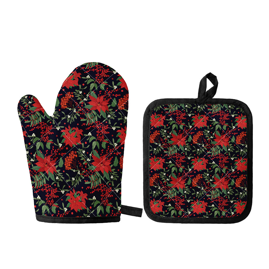 Poinsettia Flower Pattern Print Oven Mitt And Pot Holder Set