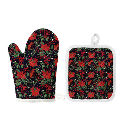 Poinsettia Flower Pattern Print Oven Mitt And Pot Holder Set