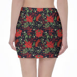 Poinsettia Flower Pattern Print Pencil Mini Skirt