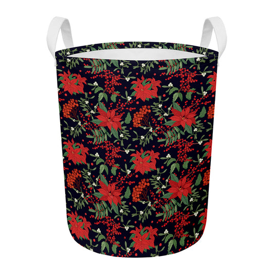 Poinsettia Flower Pattern Print Round Laundry Basket