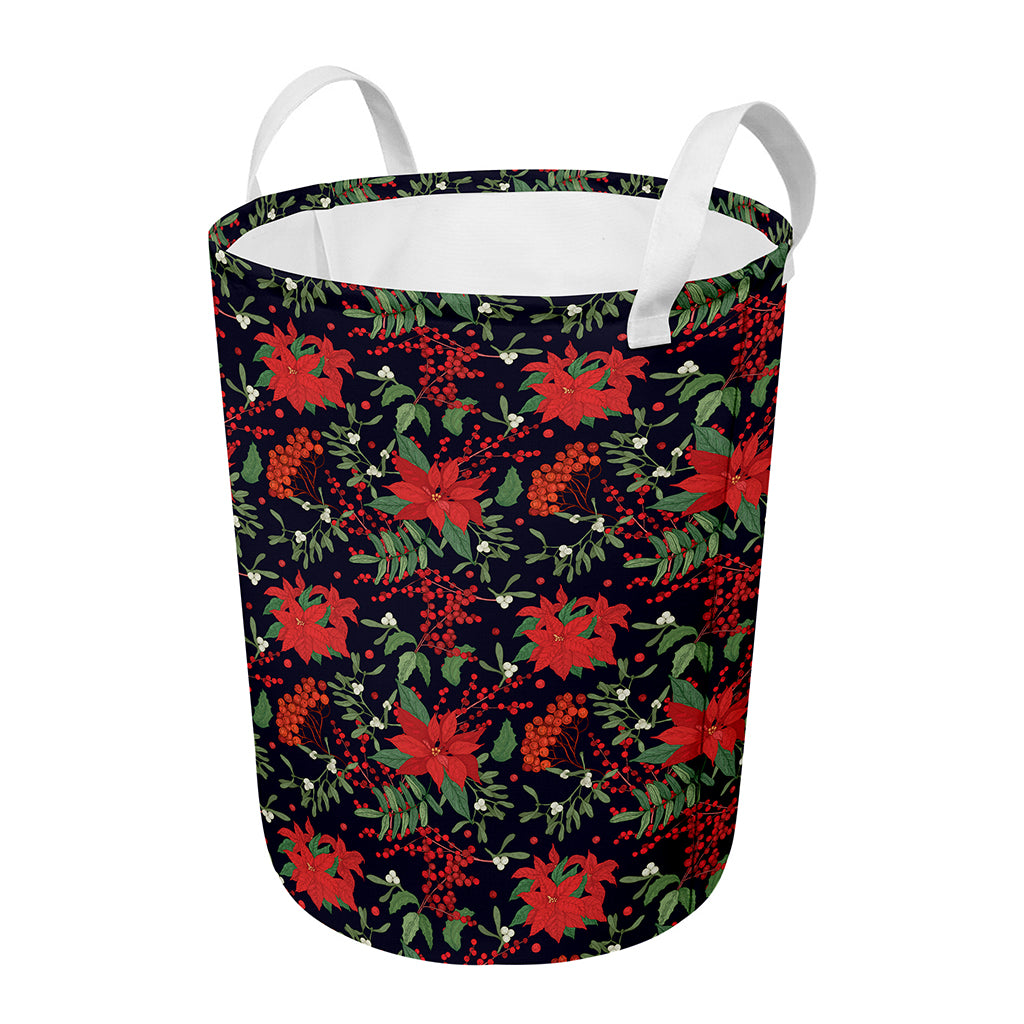 Poinsettia Flower Pattern Print Round Laundry Basket