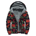 Poinsettia Flower Pattern Print Sherpa Lined Zip Up Hoodie
