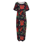 Poinsettia Flower Pattern Print Short Sleeve Long Nightdress