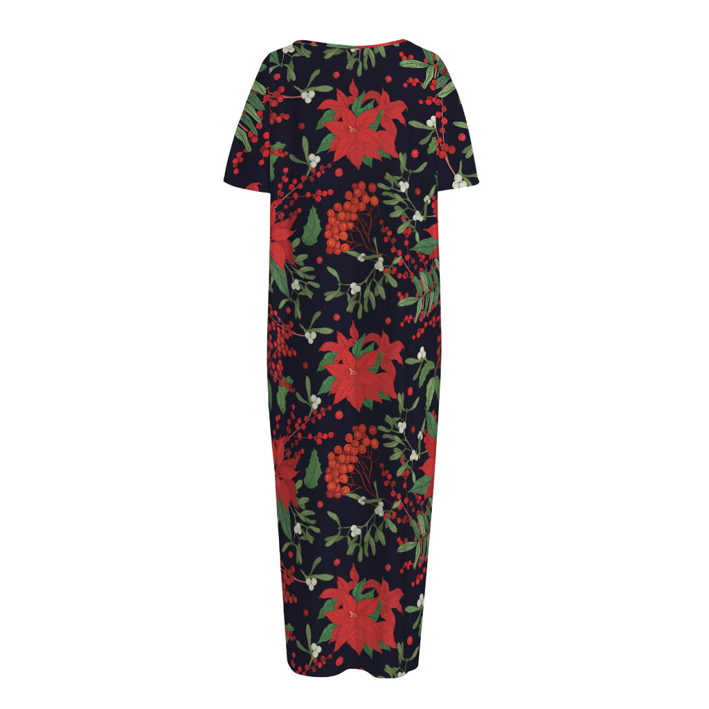 Poinsettia Flower Pattern Print Short Sleeve Long Nightdress