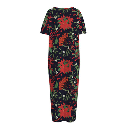 Poinsettia Flower Pattern Print Short Sleeve Long Nightdress