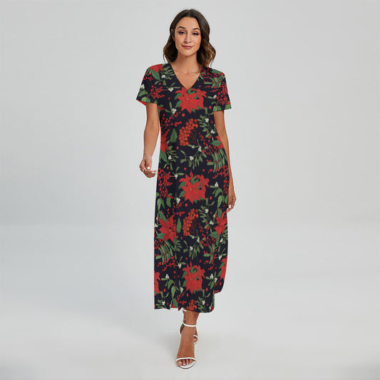 Poinsettia Flower Pattern Print Short Sleeve Maxi Dress