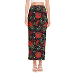 Poinsettia Flower Pattern Print Side Slit Maxi Skirt