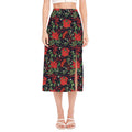 Poinsettia Flower Pattern Print Side Slit Midi Skirt