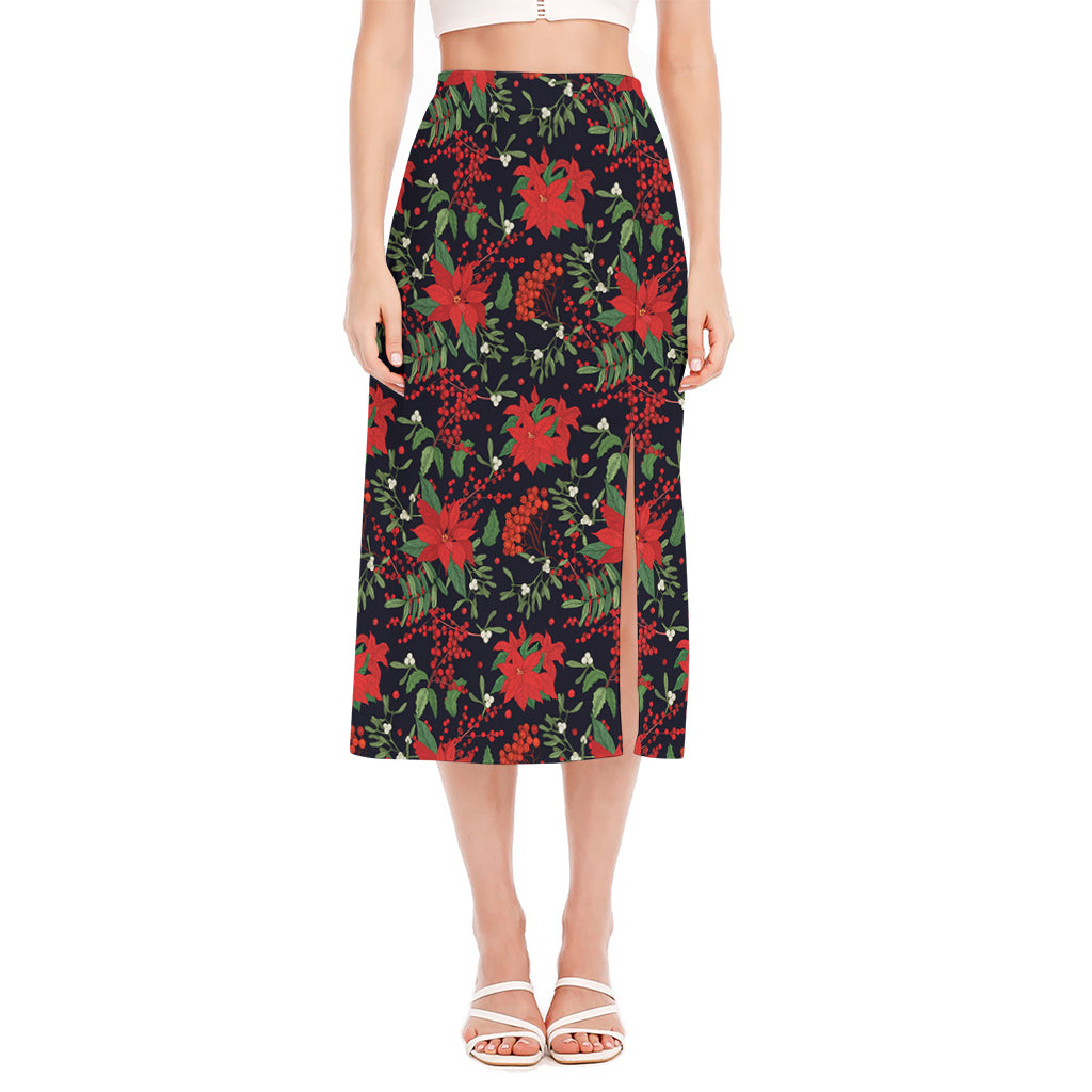 Poinsettia Flower Pattern Print Side Slit Midi Skirt